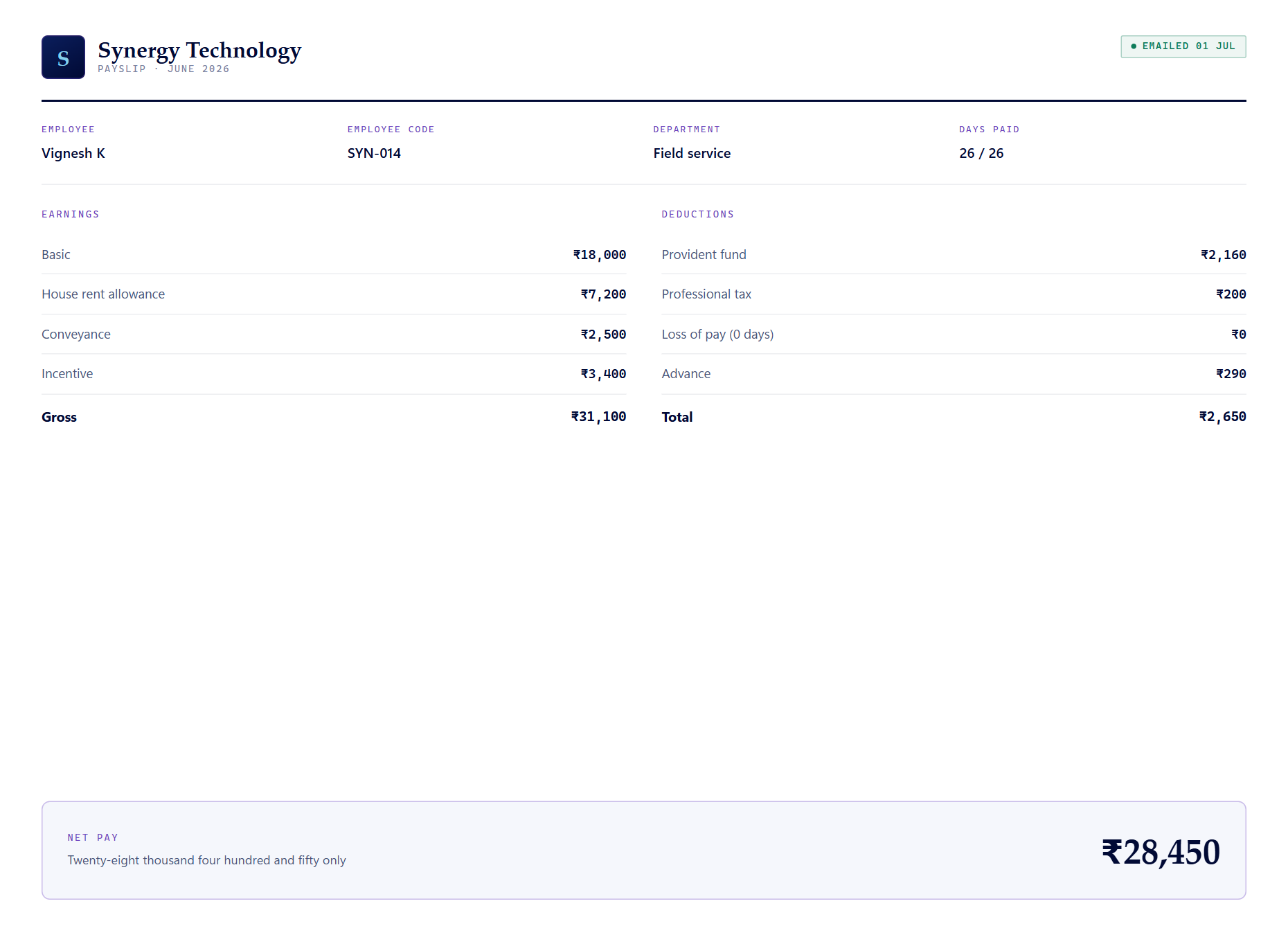 A Synergy payslip for June 2026 showing earnings, deductions, days paid and net pay.